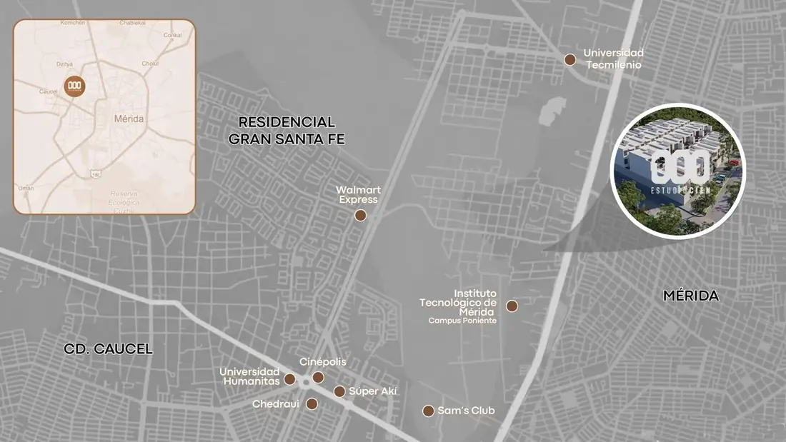 Mapa ilustrado de Estudio Cien en Mérida: Universidad Tecmilenio, Tec de Mérida Campus Poniente, Universidad Humanitas, Walmart Express, Chedraui, Súper Akí, Cinépolis y Sam's Club